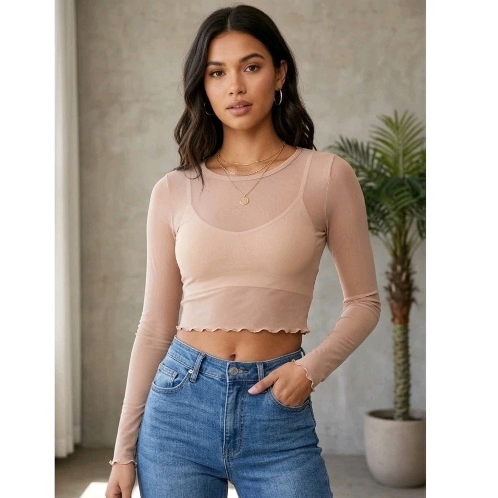 Aerie Sheer Mesh Crop Top Long Sleeve Nude Tan Lettuce Hem Crew Neck Y2K Small
